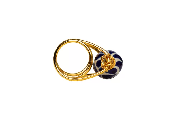 Medium Moon Ring of Blue Plumed Talavera and Gold - Image 3