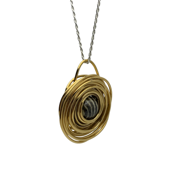 Big gold Swirl pendant of 24k Plated with black lines of Talavera.