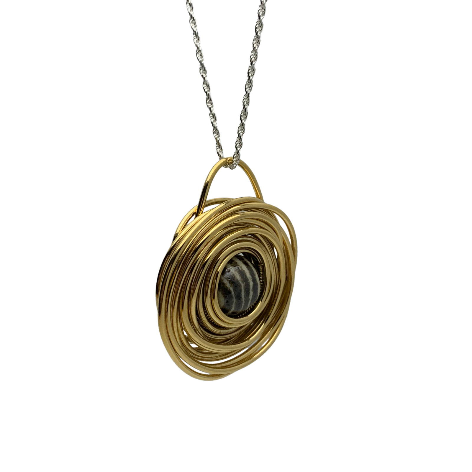 Big gold Swirl pendant of 24k Plated with black lines of Talavera. | MEXYCO